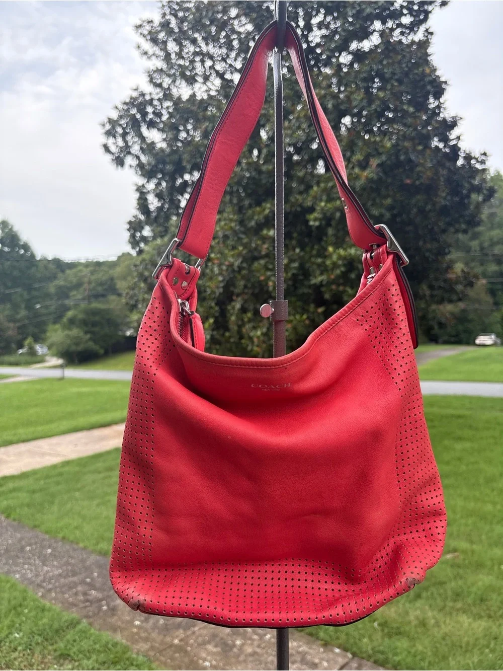 Coach Red Perforated Leather Shoulder Hobo